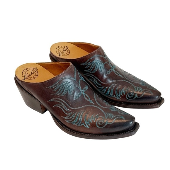 Lucchese Women's Burgundy w/Turquoise Stitched Western Mule Slide  Size 6.5B - Picture 8 of 8